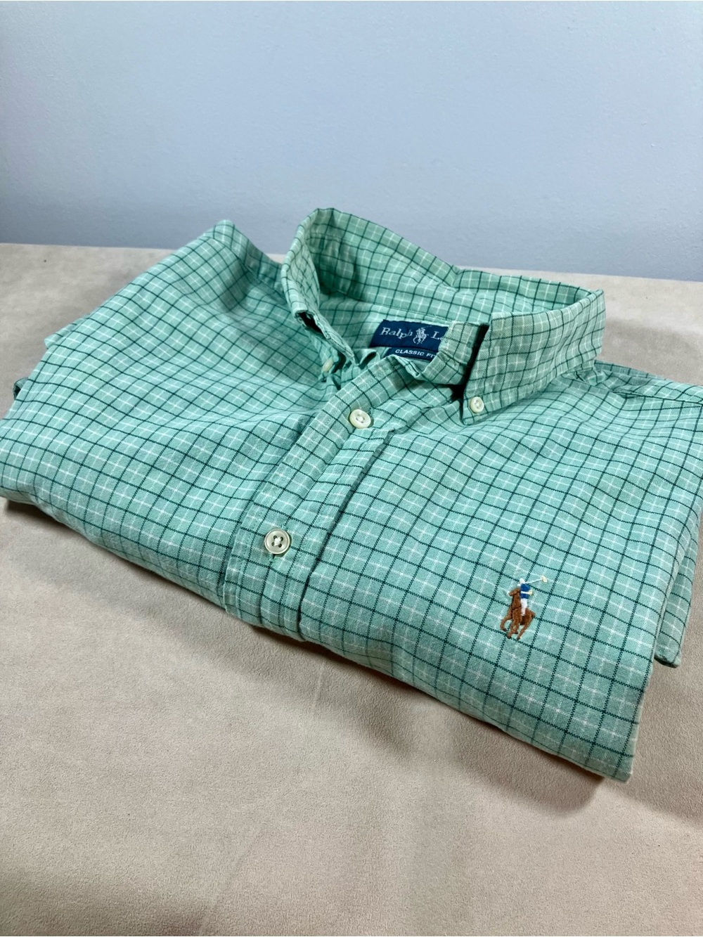 Polo Ralph Lauren Mens L Shirt Classic Fit Button Mint Green Plaid Flesh Pony